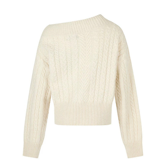 Damen Kurzer Zopfstrick-Pullover mit weitem Boat-Ausschnitt und markantem Logobund Shop Nory