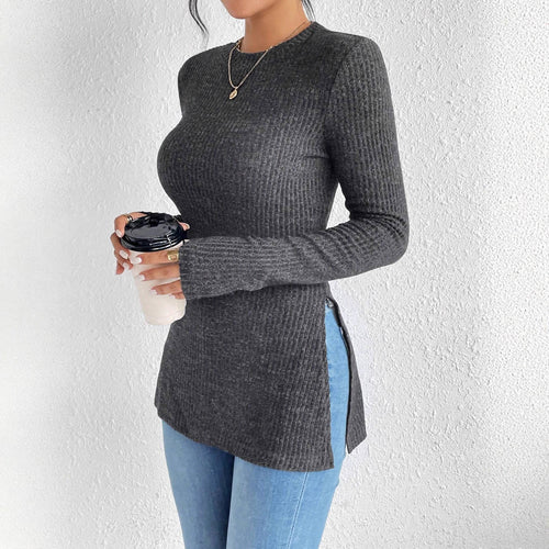 Damen Rippstrick-Langarmshirt mit Seitenschlitz und figurbetontem Schnitt Shop Nory