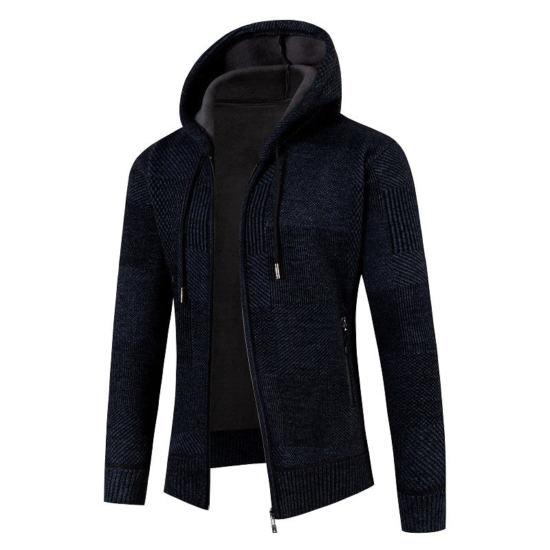 Herren Strukturierter Strick-Zip-Hoodie mit gefütterter Kapuze und grafischem Patchmuster Shop Nory