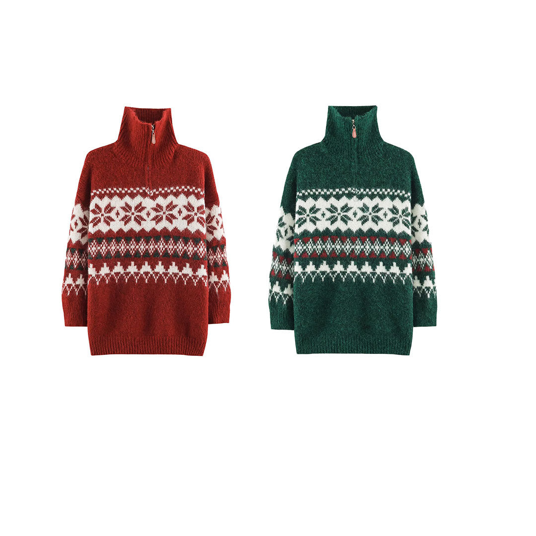 Damen Norwegermuster Strickpullover mit halbem Reißverschluss und Stehkragen Shop Nory