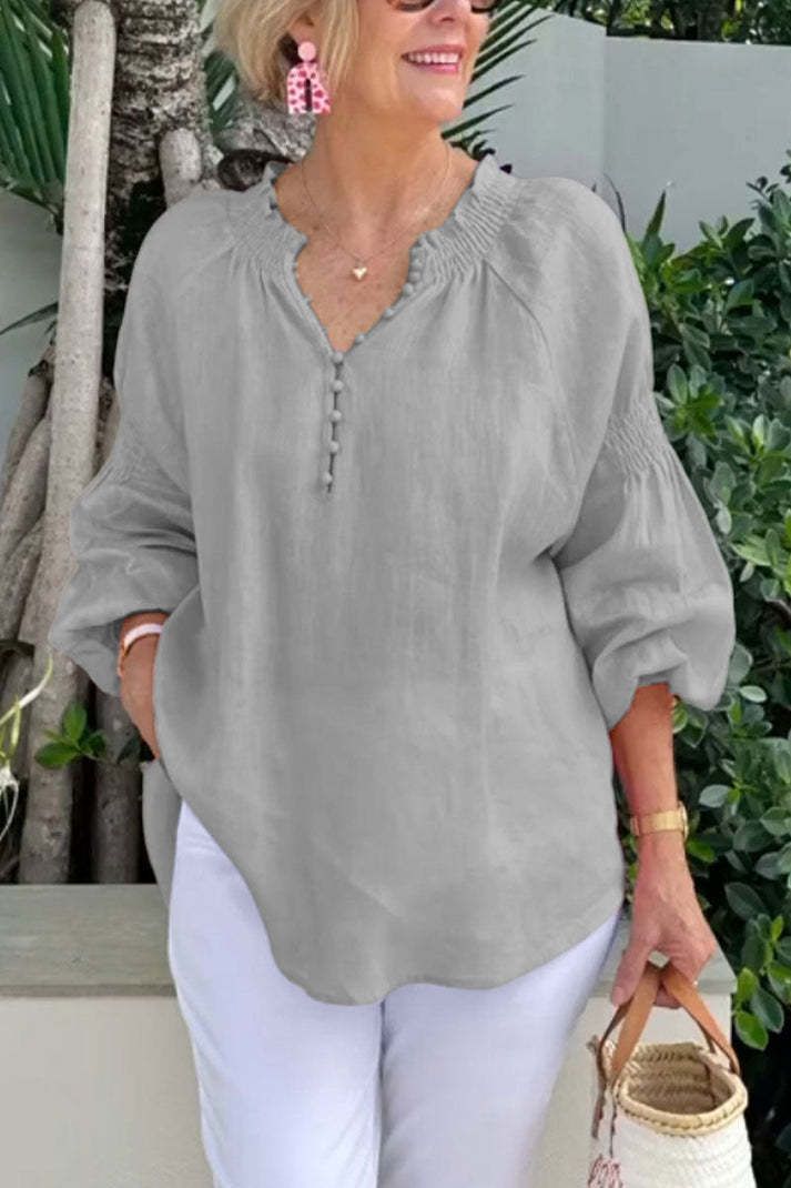 Damen Leichte Bluse mit elastischen Puffärmeln und Knopfleiste