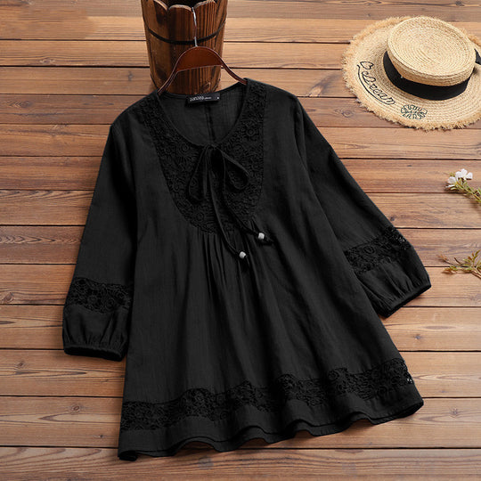 Damen Lässige Tunika-Bluse mit Häkelspitze, Bindekragen und dreiviertel Ärmeln Shop Nory
