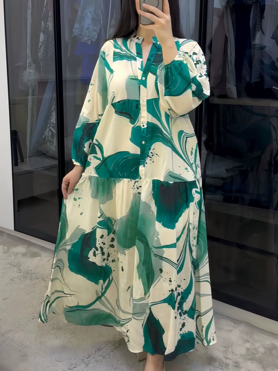 Damen Fließendes Maxikleid mit Stufenrock, überschnittenen Ballonärmeln und Stehkragen Shop Nory
