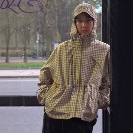 Damen Karo-Windbreaker mit Taillenzug, Kapuze und Reißverschluss Shop Nory