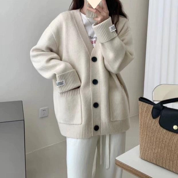 Damen Grob gestrickter Cardigan mit großen Taschen und tiefem V-Ausschnitt
