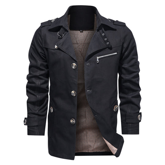 Herren Kurzer Trenchcoat im Utility-Fieldstil mit Stehkragen und Reißverschluss-Brusttasche Shop Nory