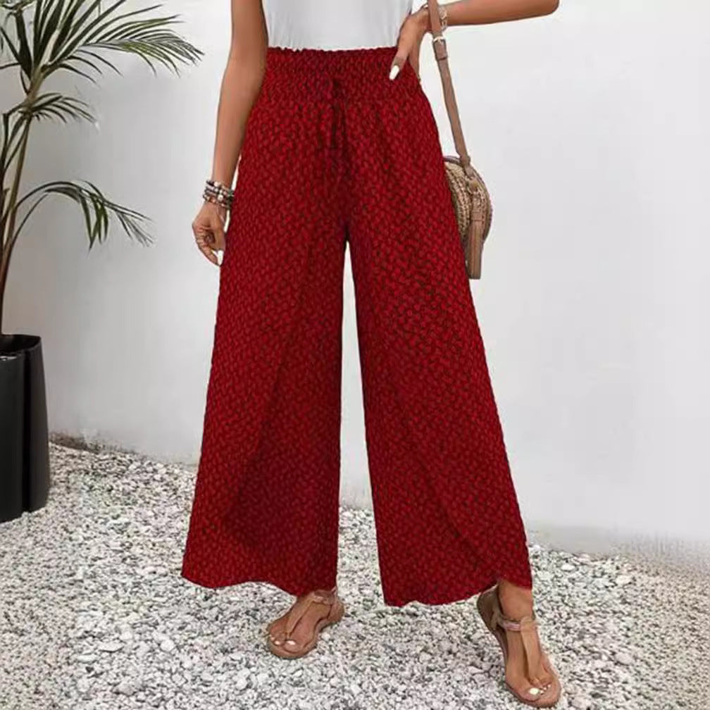Damen nan weite Sommer-Palazzohose mit gerafftem Komfortbund, fließender Beinweite und geometrischem Allovermuster
