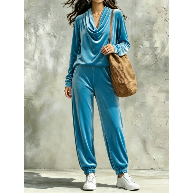 Damen Samt-Lounge-Set mit Wasserfallkragen und Jogger-Hose Shop Nory