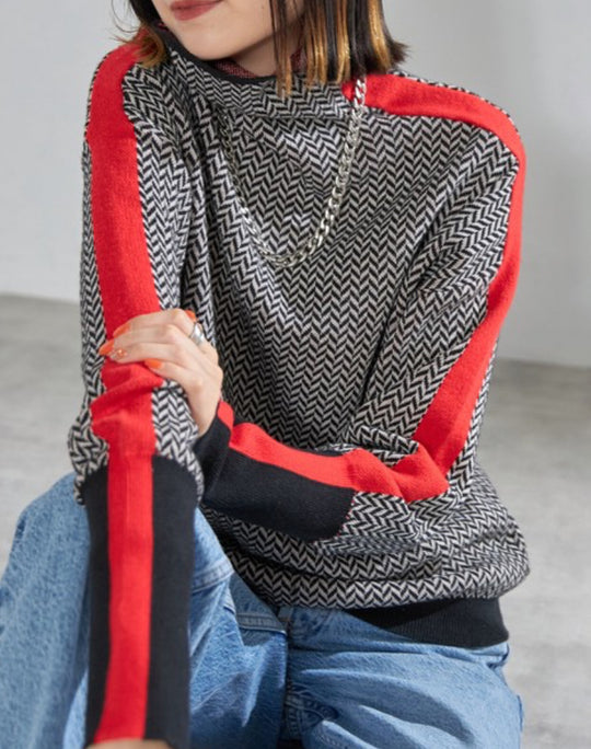 Damen Feinstrickpullover mit geometrischem Jacquardmuster, Stehkragen und Kontrastband Shop Nory
