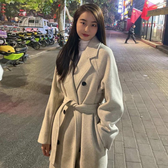 Damen Langer klassischer Wollmix‑Mantel im Oversize‑Schnitt mit Reverskragen und Eingrifftaschen Shop Nory