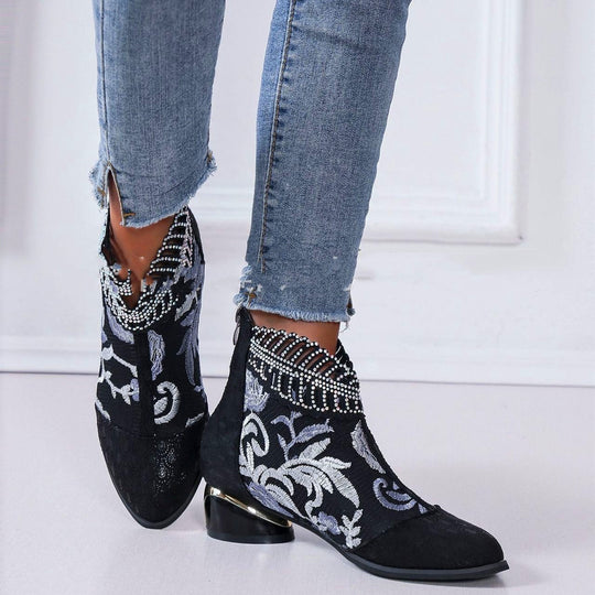Damen Stiefeletten mit floralem Muster und glanzvollem Blockabsatz
