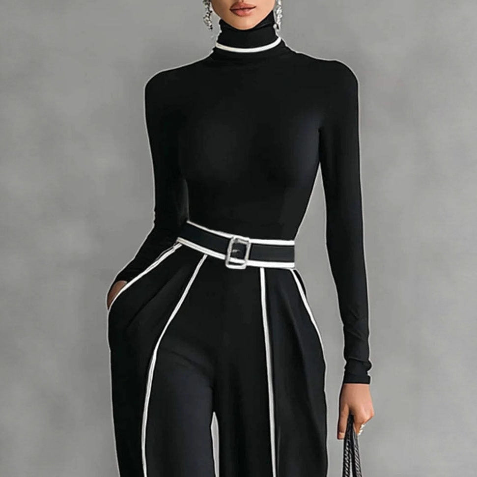 Damen nan elegantes Strickset mit tailliertem Rollkragenoberteil und weiter Plisseehose mit Taillengürtel