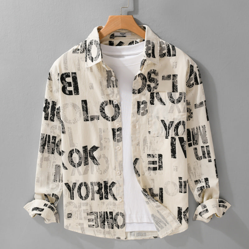 Herren Bedrucktes Leichtes Langarm-Hemd im Relaxed-Fit mit Typo-Print und Brusttasche Shop Nory
