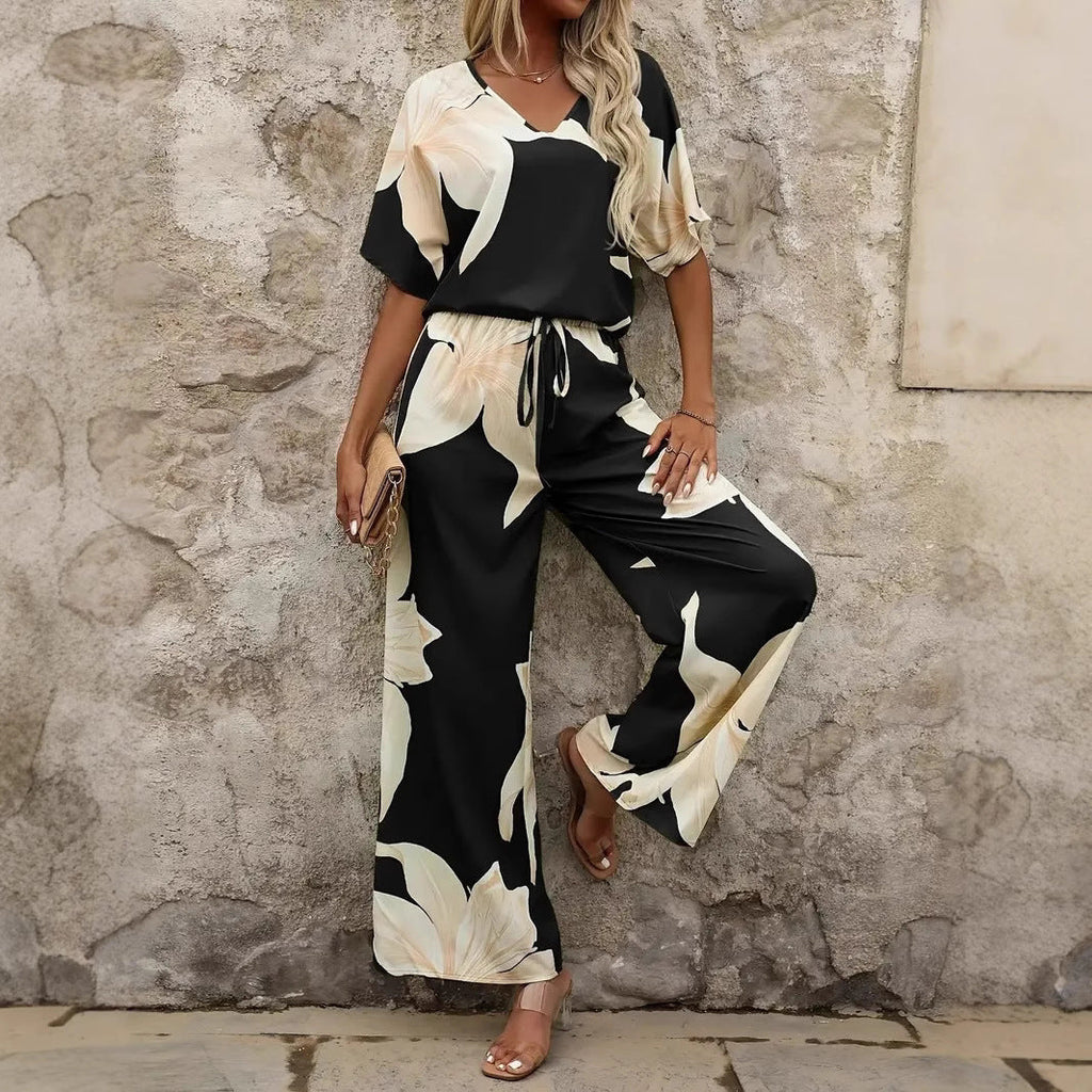 Damen luftiger Hosenanzug mit floralem Print und elastischem Bund