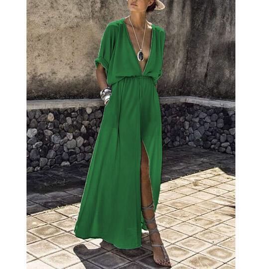 Damen Elegantes Maxikleid mit tiefem V-Ausschnitt und hohem Schlitz