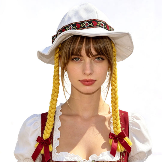 Damen nan verspielter Sonnenhut mit geflochtenen Zöpfen, besticktem Stirnband und breiter Krempe Shop Nory