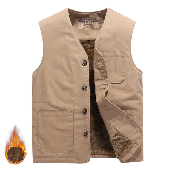 Herren Robuste Thermo-Canvas‑Weste mit wärmendem Teddyfutter und Knopfverschluss Shop Nory