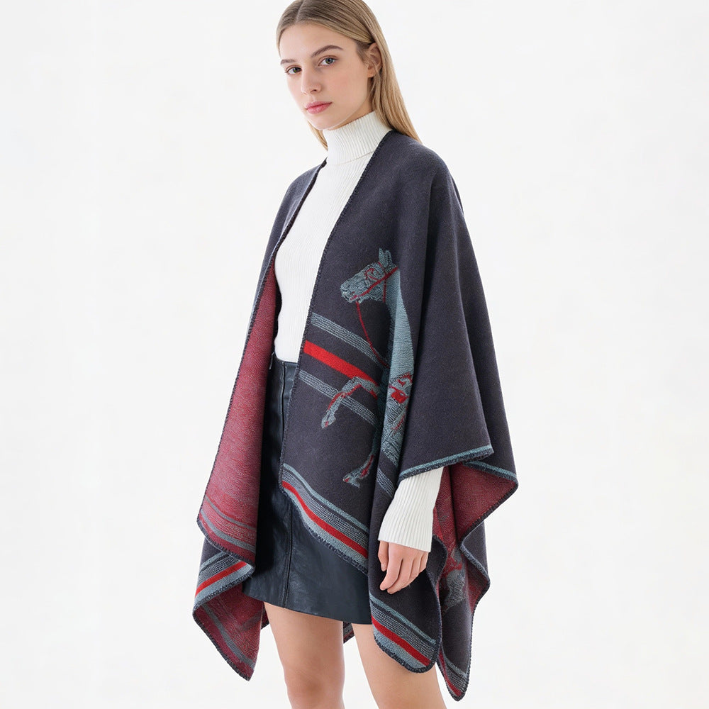 Damen Poncho-Cape aus Wollmix mit gewebtem Pferde-Jacquard und kontrastkettelung Shop Nory