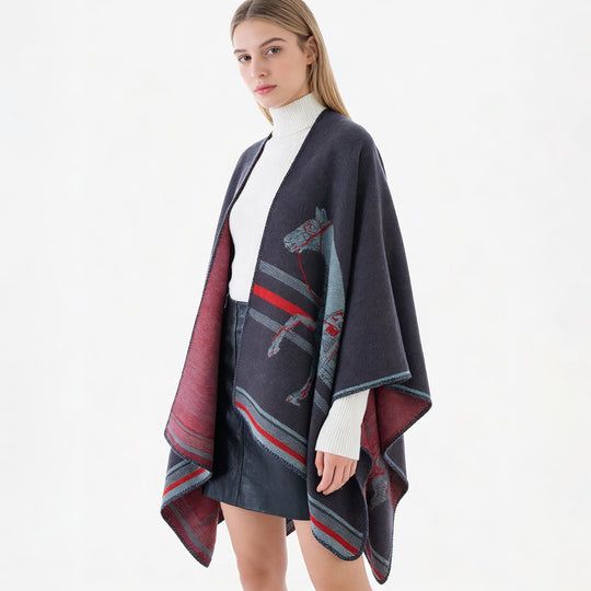 Damen Poncho-Cape aus Wollmix mit gewebtem Pferde-Jacquard und kontrastkettelung Shop Nory