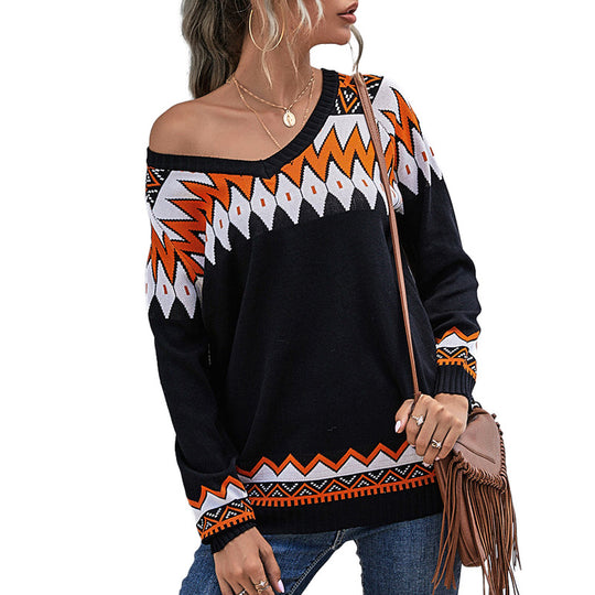 Damen Oversize Strickpullover mit geometrischem Aztekenmuster und asymmetrischem schulterfreiem Ausschnitt Shop Nory