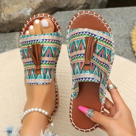 Damen Boho-Ethno-Quasten-Pantoletten mit geflochtener Sohle und gepolstertem Fußbett Shop Nory