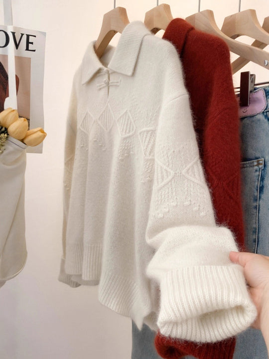 Damen Polokragen-Pullover im Mohair‑Look mit Ajour‑Zopfmuster, überschnittener Schulter und weiter Silhouette Shop Nory