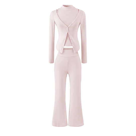 Damen Figurbetontes Layering-Set mit Rollkragen-Longsleeve und asymmetrischer Knopfjacke und ausgestellter High-Waist Hose Shop Nory