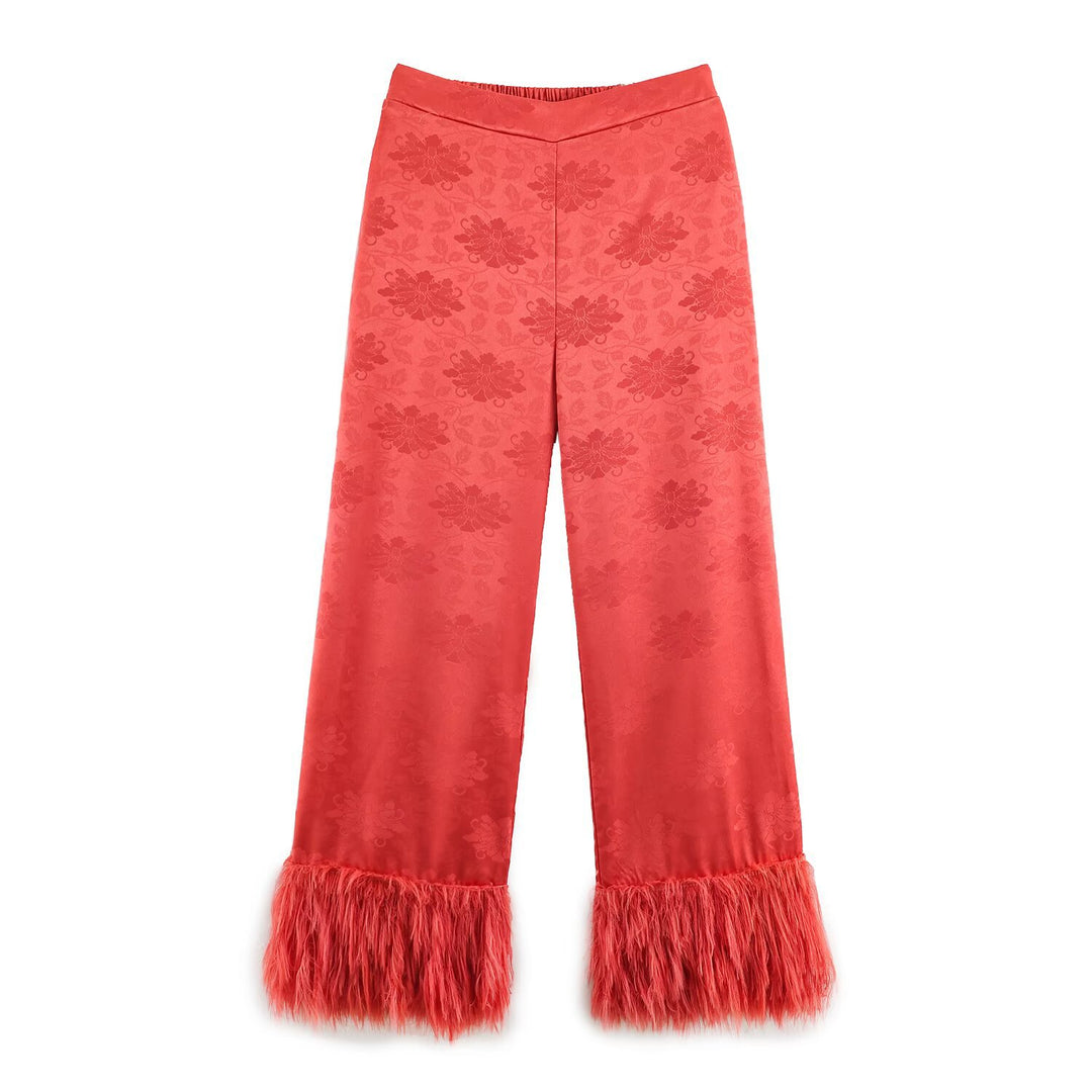 Damen hochtaillierte Satinhose mit Jacquard‑Blütenmuster und Federfransen Shop Nory