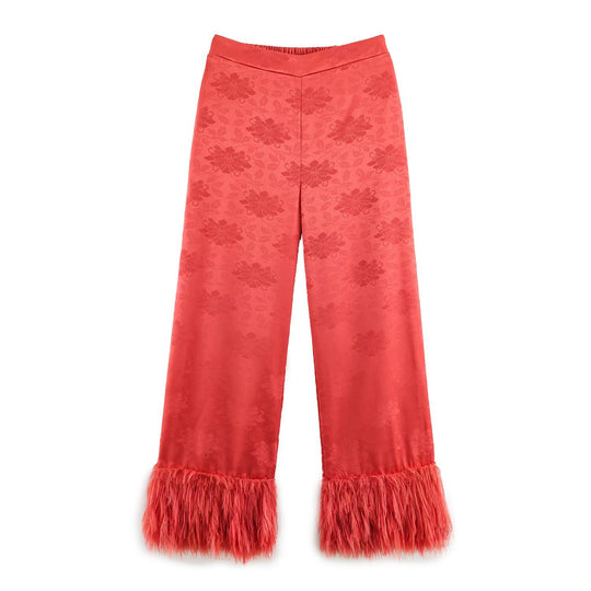 Damen hochtaillierte Satinhose mit Jacquard‑Blütenmuster und Federfransen Shop Nory