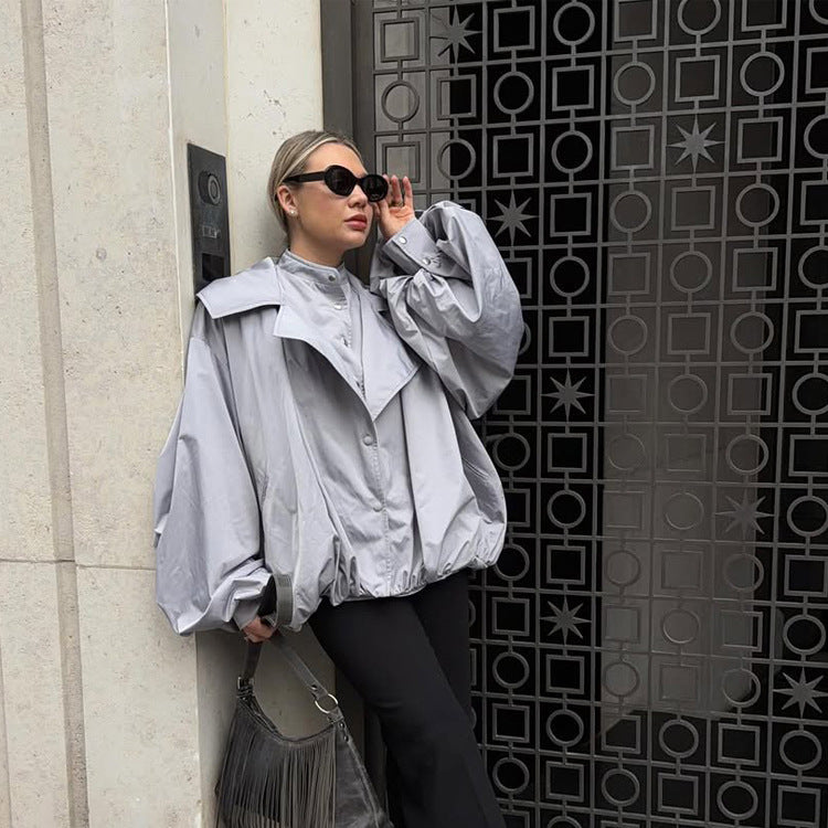 Damen Oversize Kurzjacke mit weitem Volumenärmeln und Tunnelzugsaum Shop Nory