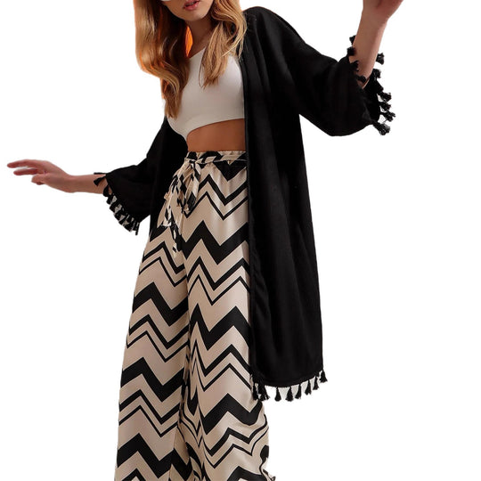 Damen Weite Satin-Hose mit Zickzack-Print, hohem elastischem Bund und Bindegürtel Shop Nory