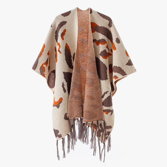 Damen Oversize-Strickponcho mit animalischem Jacquard und Fransensaum Shop Nory