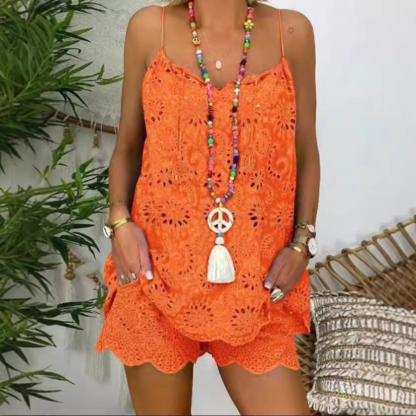 Damen luftiges Sommeroberteil mit Spitze und passenden Shorts