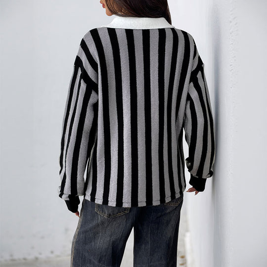 Damen Lässiger gestreifter Strick-Polokragenpullover mit kontrastierter Knopfleiste Shop Nory