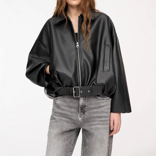 Damen nan kurz geschnittene Kunstlederjacke mit durchgehendem Reißverschluss und taillierendem Gürtel Shop Nory