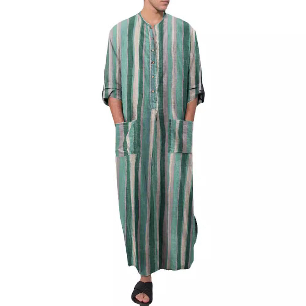 Herren nan lockerer Kaftan aus Leinenmischung mit Knopfleiste und aufgesetzten Taschen
