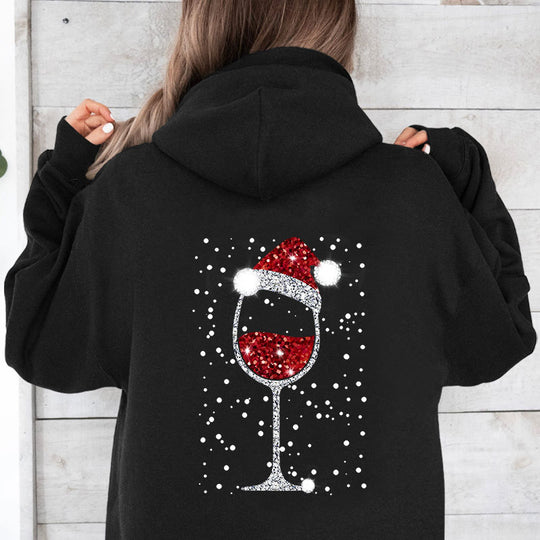Damen Oversize Kapuzenpullover mit weihnachtlichem Glitzer-Weinglas-Print Shop Nory