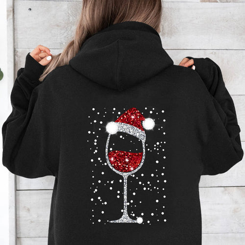 Damen Oversize Kapuzenpullover mit weihnachtlichem Glitzer-Weinglas-Print Shop Nory
