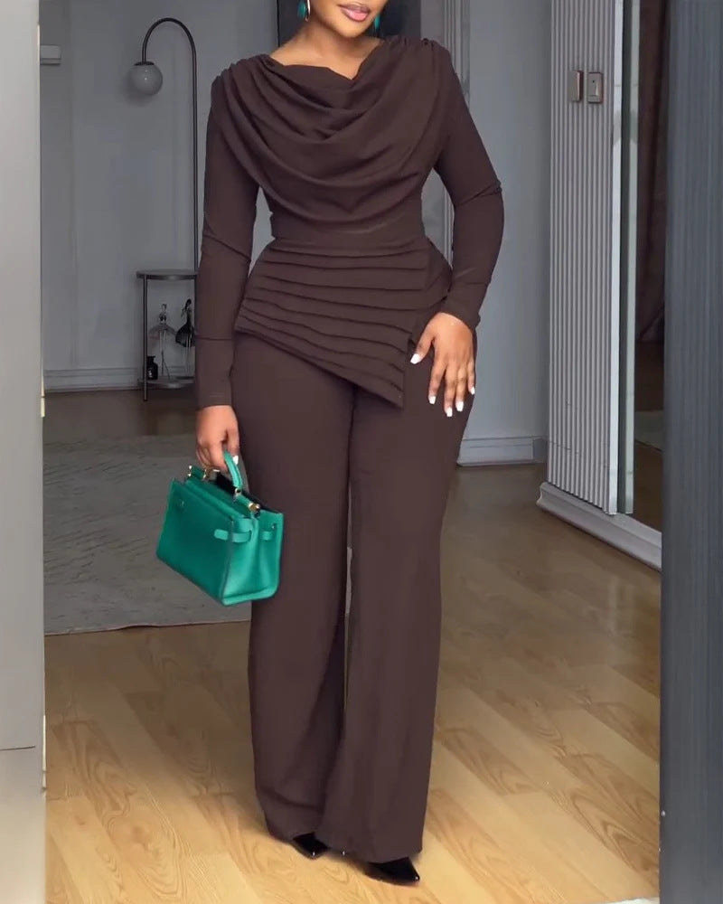 Damen Zweiteiliges Ensemble mit Wasserfall-Drapé-Oberteil, abgestuftem Peplum und gerader Bundfalten-Hose Shop Nory