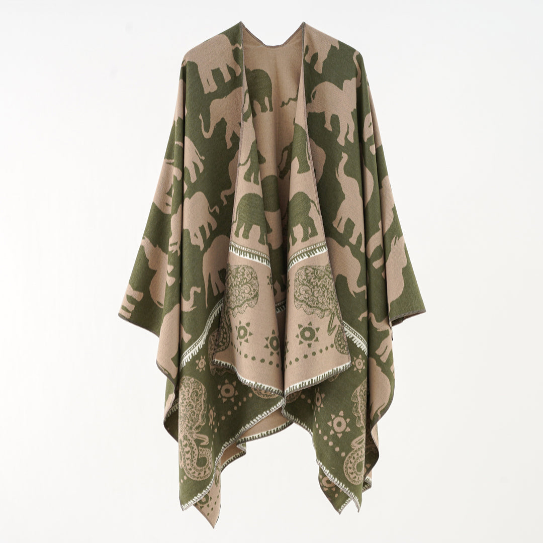 Damen Jacquard‑Ruana mit Elefantenmotiv und ornamentaler Bordüre Shop Nory