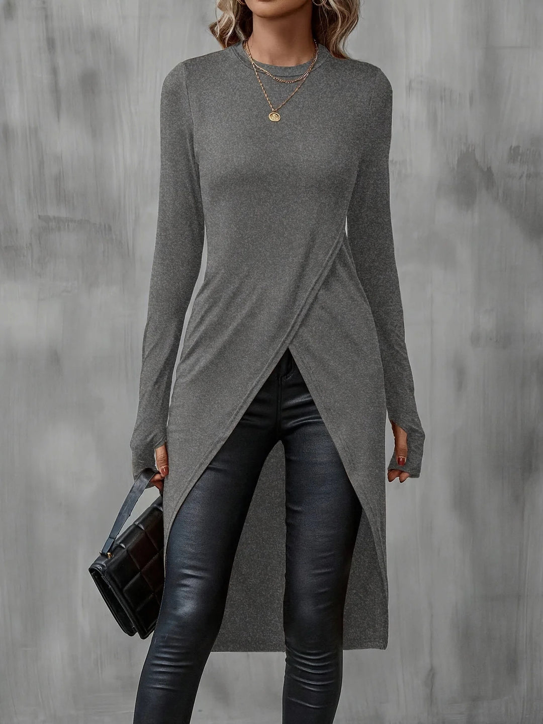 Damen Langes asymmetrisches Wickel-Tunika-Top mit Frontschlitz Shop Nory