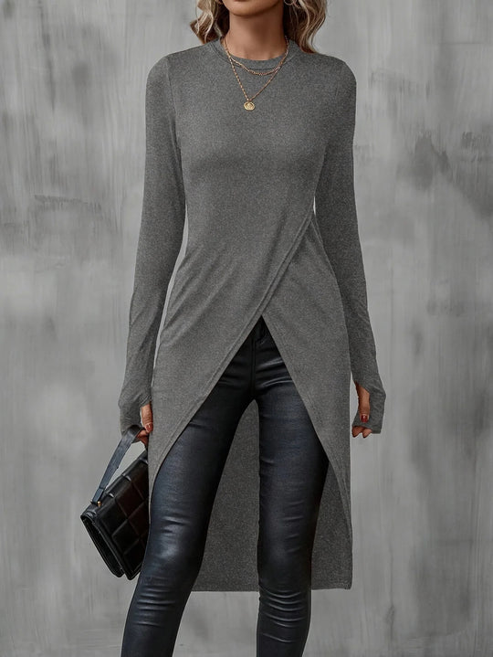 Damen Langes asymmetrisches Wickel-Tunika-Top mit Frontschlitz Shop Nory