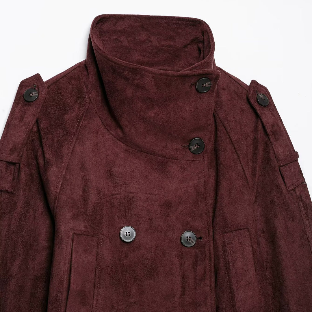 Damen Kurze Trenchjacke aus Veloursoptik mit hohem Stehkragen und Bindegürtel Shop Nory