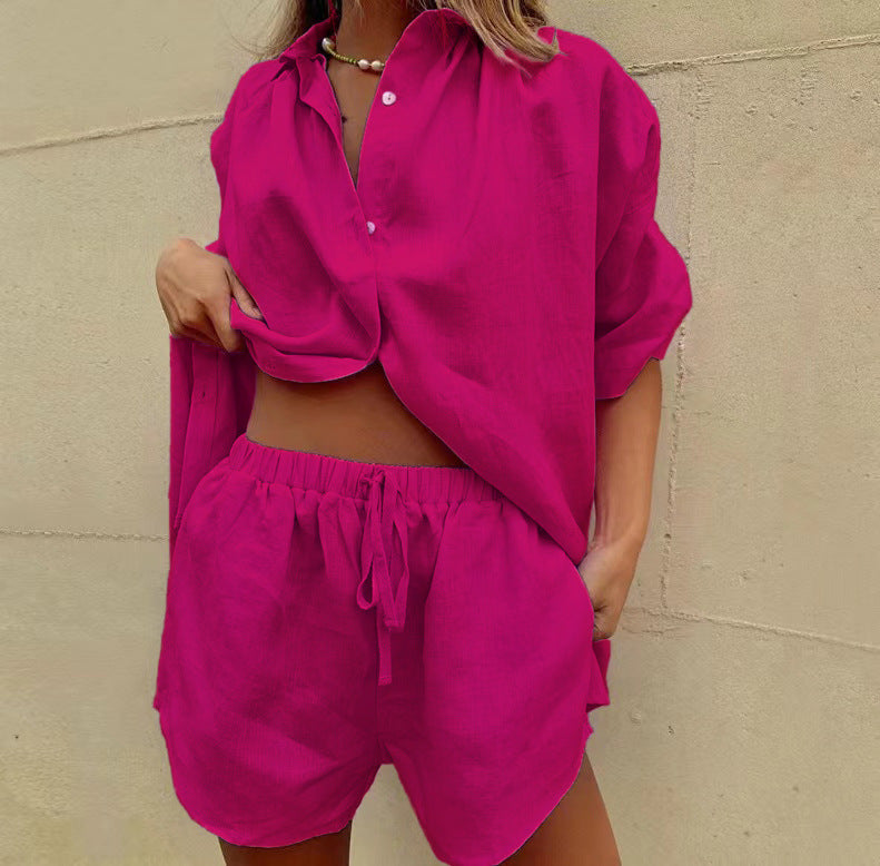 Damen lässiges Leinen-Set mit oversized Hemd und kurzen Hosen