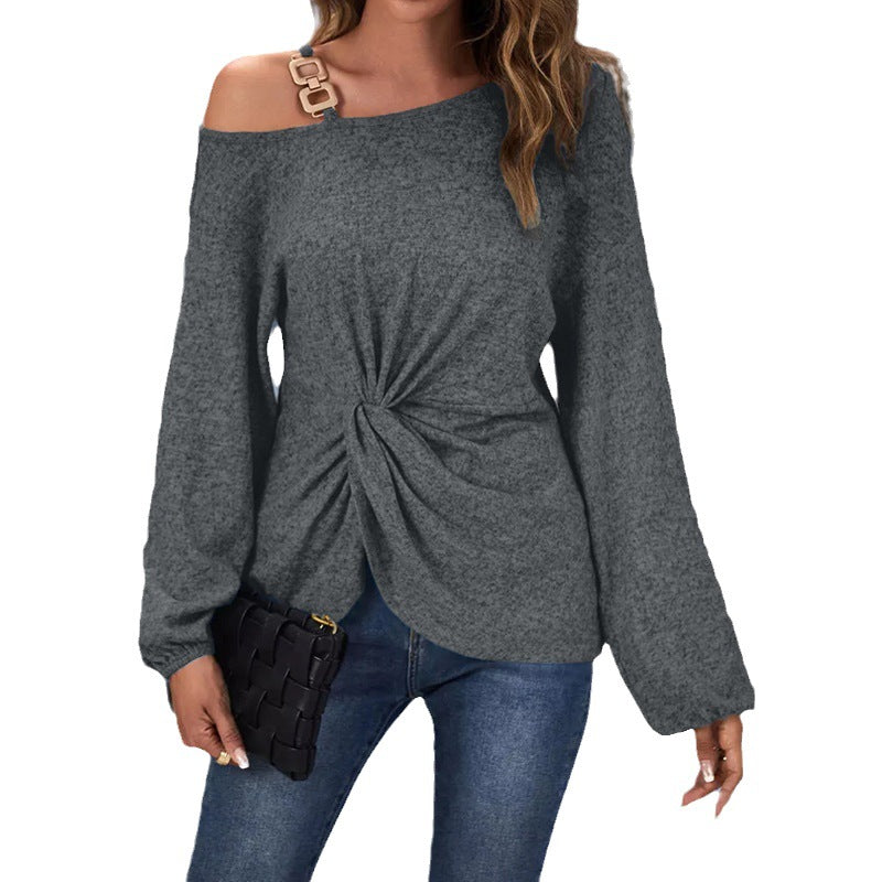 Damen asymmetrischer schulterfreier Strickpullover mit Zierkettenträger und vorn gedrehtem Knoten Shop Nory