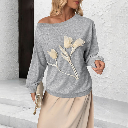 Damen Lockeres Off-Shoulder Sweatshirt mit 3D-Blütenapplikation und überschnittener Schulter Shop Nory