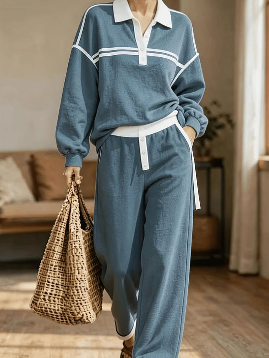 Damen Lounge-Set aus weichem Jersey mit Polokragen, Kontraststreifen und weiter Jogpant Shop Nory