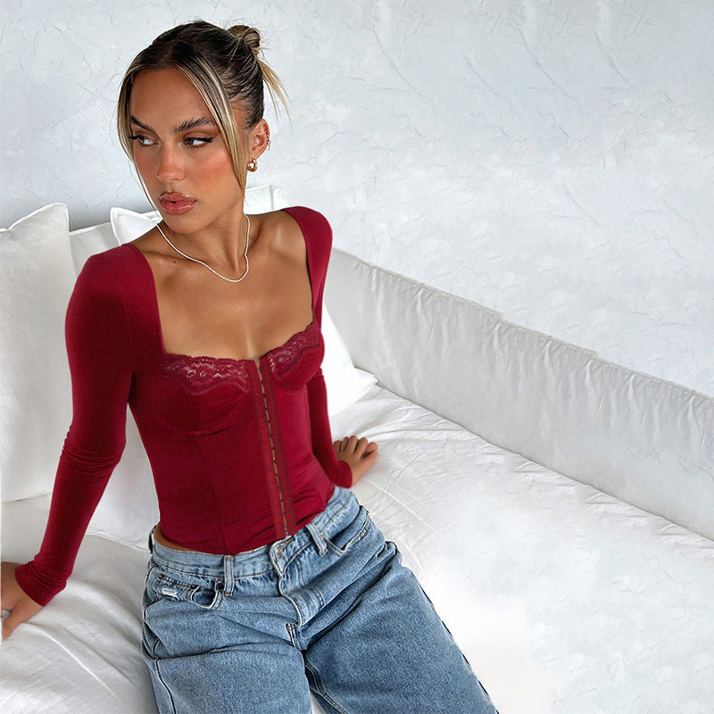 Damen Figurbetontes Langarm-Corsagen-Top mit Spitzenbustier und Haken‑Ösen-Verschluss Shop Nory