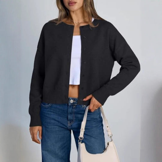 Damen Cropped Strickjacke im Boxy‑Schnitt mit Rundhals und Rippbündchen Shop Nory