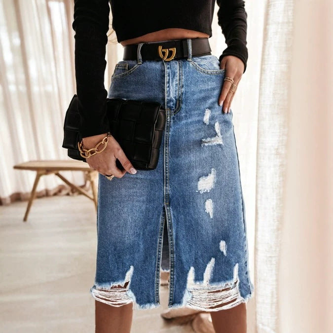 Damen Taillenhoher Destroyed-Denim Midirock mit mittigem Frontschlitz und ausgefranstem Saum Shop Nory